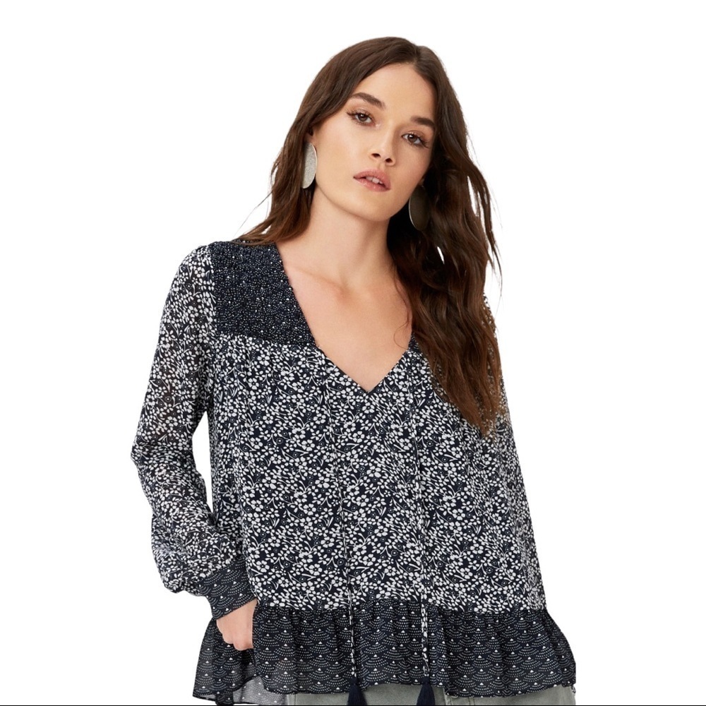 Tularosa Harrison Boho Navy & White Tassel Tie Printed Top